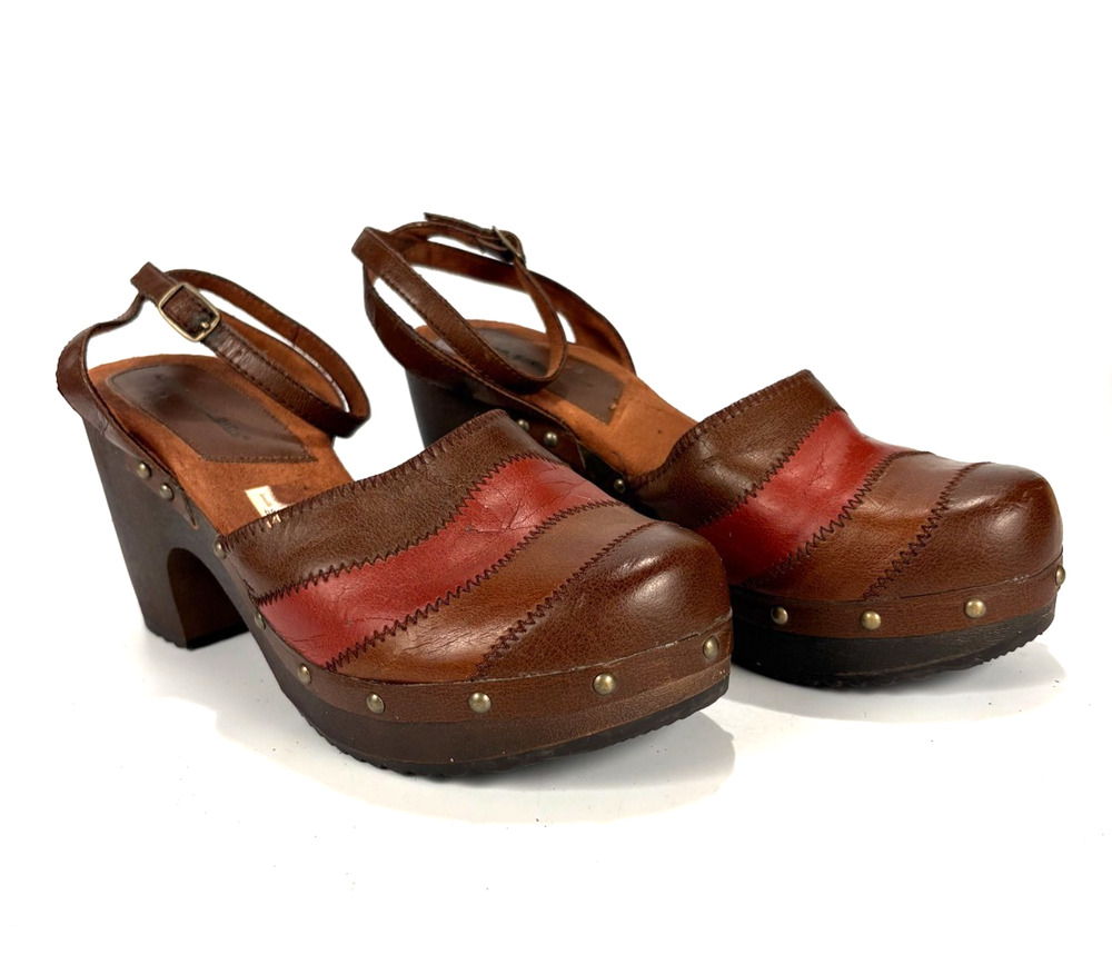 VTG Y2K Patchwork Platform Sandals Sz 10 Chunky Heel Clog Mules Lower East Side